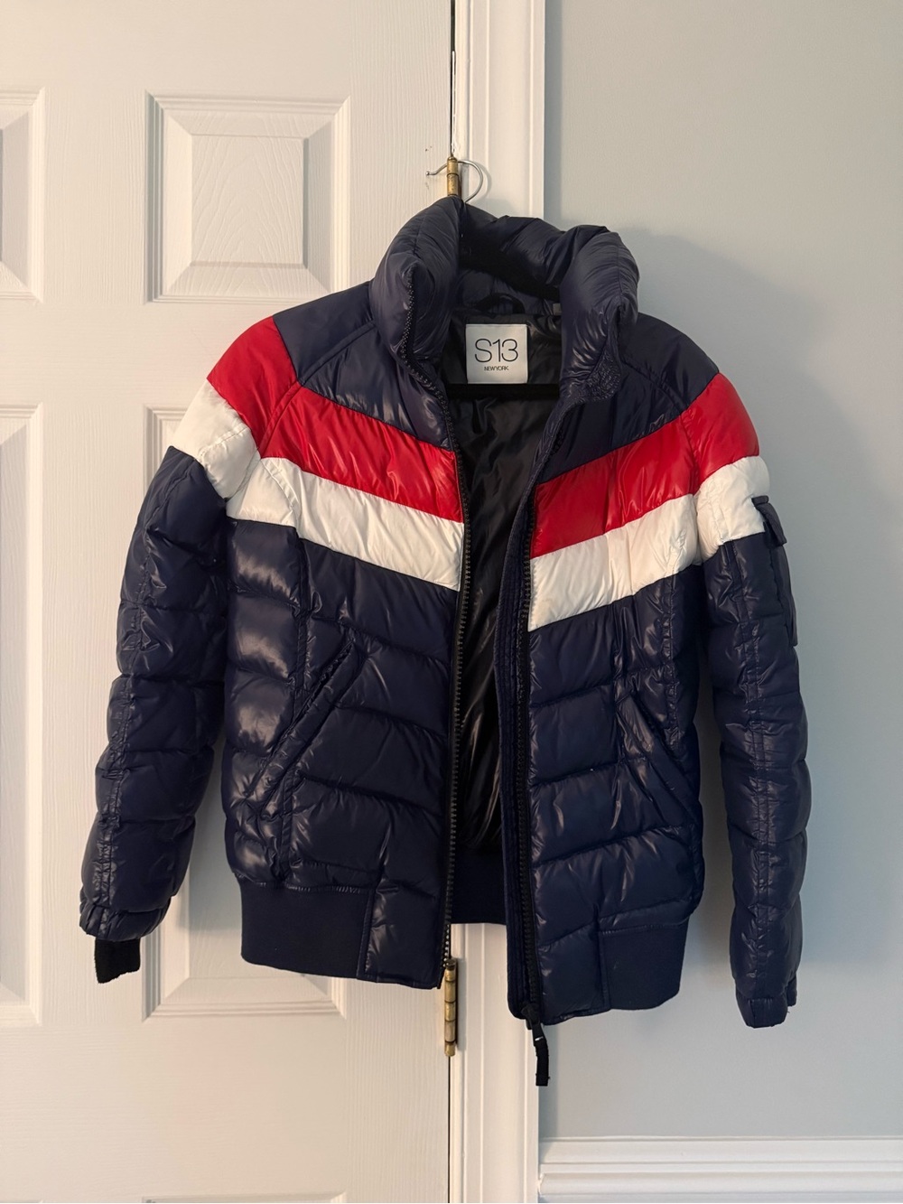 Women’s Navy Puffer Jacket with Red & White Chevron